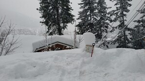 A snow-covered landscape with a wooden cabin partially obscured by snow. - Small Cabin with gorgeous view and lake access (Nelson)