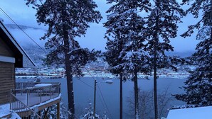 A snowy landscape with a view of a lake and a town in the distance. - Small Cabin with gorgeous view and lake access (Nelson)