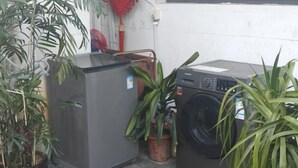 A compact, gray washing machine and dryer unit with a small potted plant beside it. - Xujia Tingyuan Inn (Suzhou)