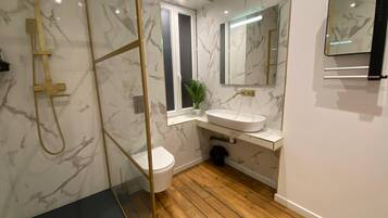 Shower, free toiletries, hair dryer