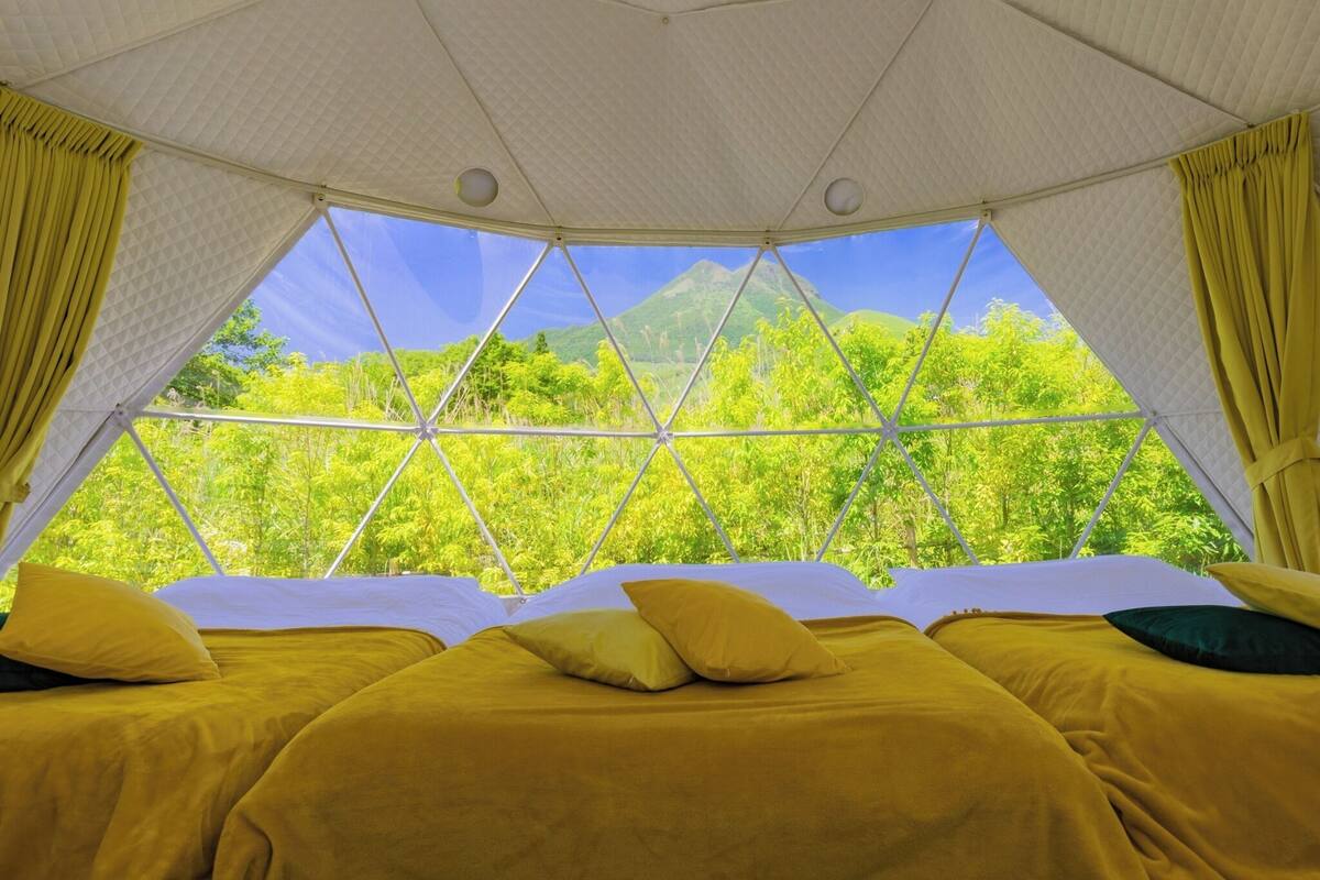 A tented accommodation with a bed and a view of greenery.