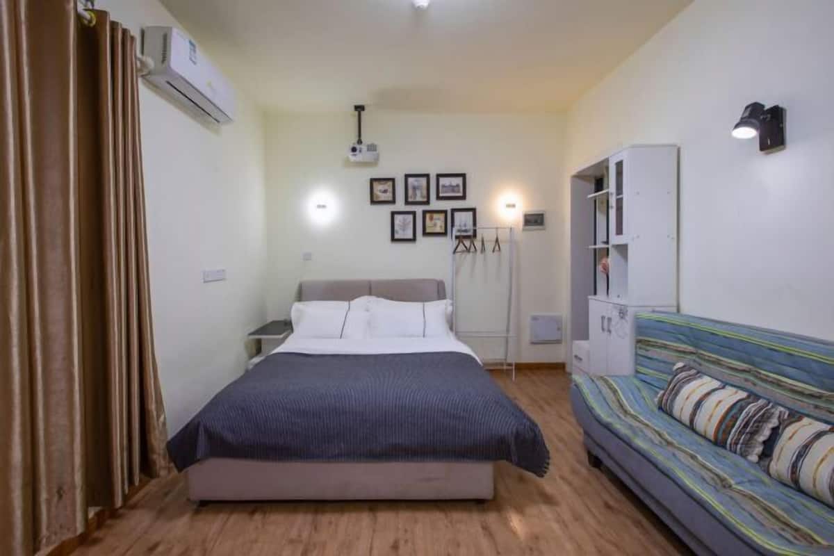 A bedroom with a bed, a sofa, an air conditioning unit, a ceiling light, and framed pictures on the wall.