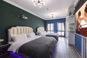 A hotel room with two beds, a large window, a chandelier, and a TV on the wall. - Jihe Light Luxury Art Hotel（Wuyi Square Station） (Changsha)