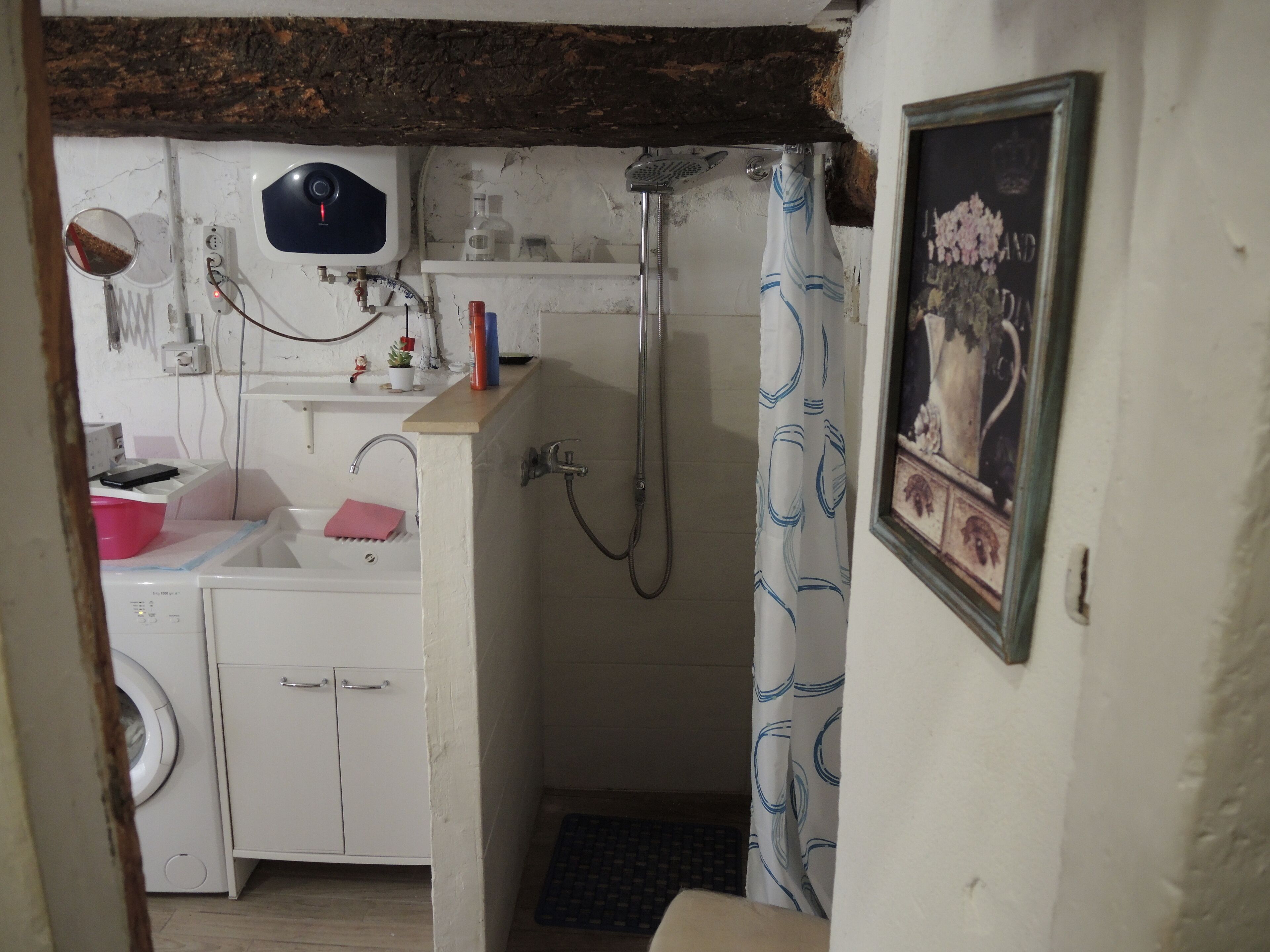 Une petite salle de bain compacte équipée d’un lave-linge, d’un évier et d’une douche.