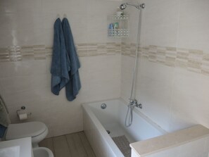 Hair dryer, bidet, towels, soap