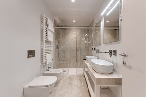 Shower, hair dryer, bidet, towels