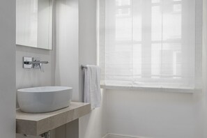 Shower, hair dryer, bidet, towels