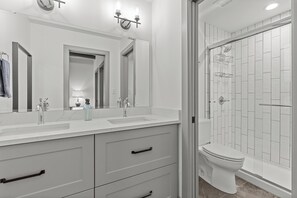 Hair dryer, towels, soap, toilet paper