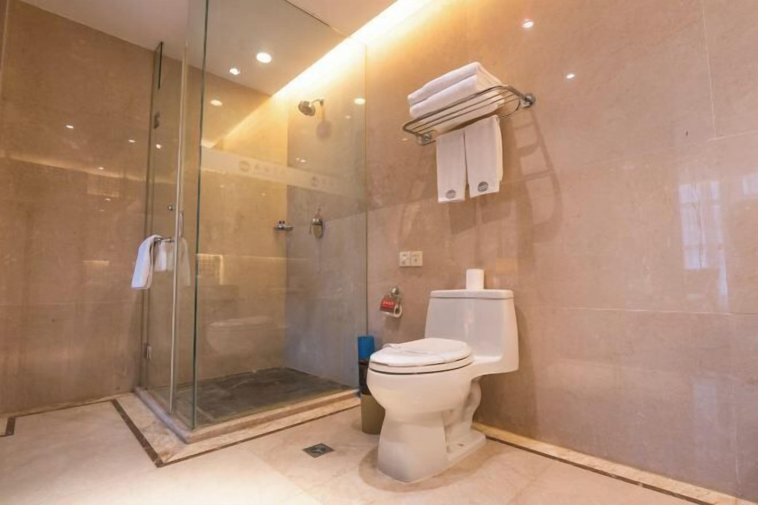 A modern bathroom with a glass-enclosed shower, a toilet, and a towel rack.