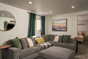 TV, fireplace, books