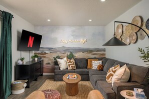 TV, fireplace, books