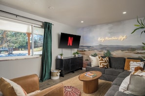 Una televisión, una chimenea, libros