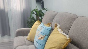 A grey sofa with three cushions in a living room. - Charming 2-bedroom apartment with WiFi, AC in fantastic eastern Nassau (Nassau)