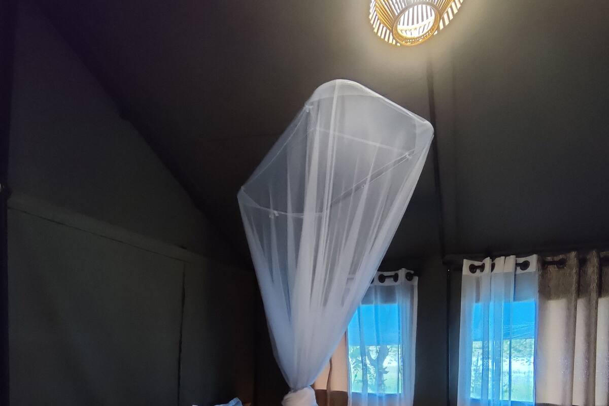 Een slaapkamer met een bed, een hemelbed, gordijnen en een kroonluchter.
