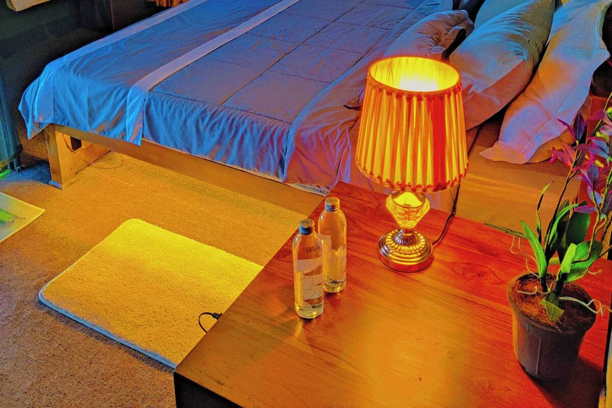 Een bed met hemelbed, een nachtkastje met een lamp, en uitzicht op groen.