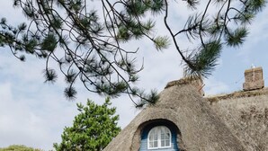A thatched-roof house with a brick exterior, a large window, and a patio with outdoor furniture.