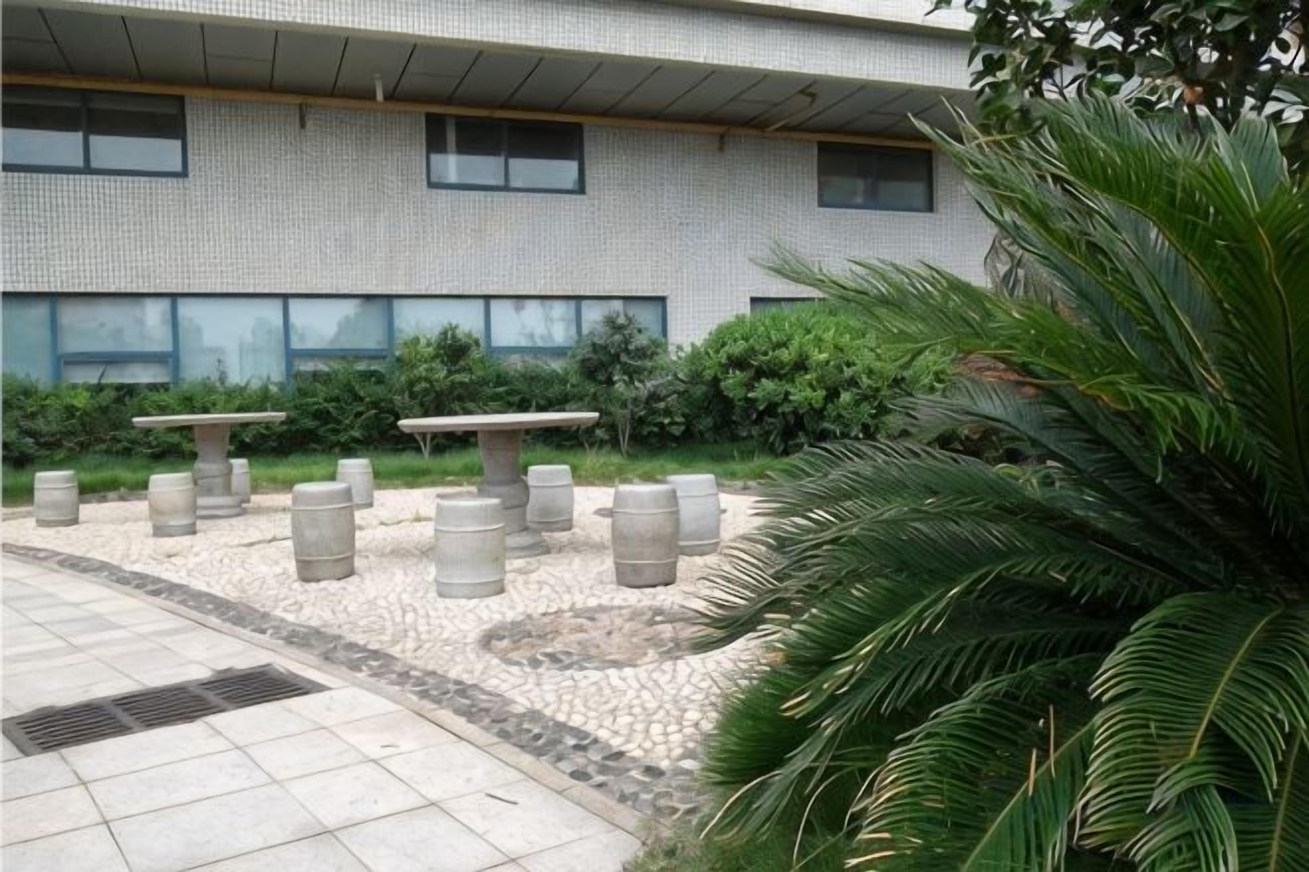 A building with a tiled exterior, outdoor seating area with tables and chairs, and a palm tree.
