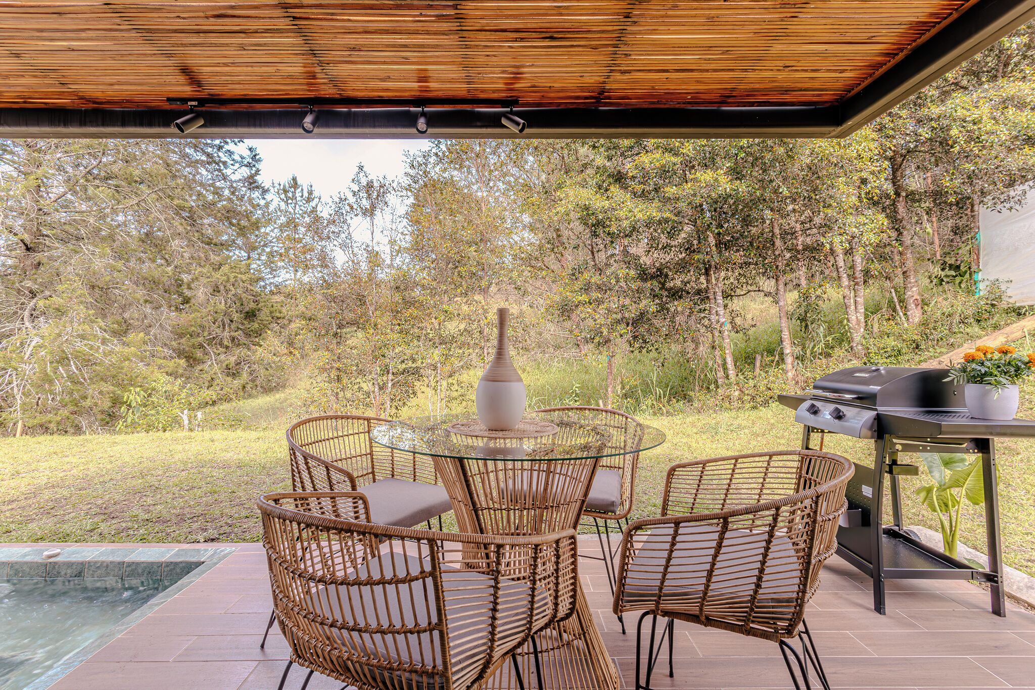 Eine Terrassensitzgelegenheit im Freien mit Korbstühlen, einem Glastisch, einem Grill und Blick auf eine natürliche Landschaft.