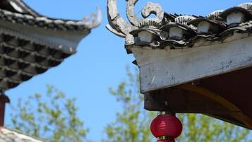 A traditional roof with ornate decorations and a red lantern.
