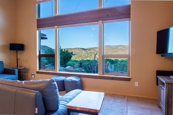 Living area views with butterfly garden outside window
