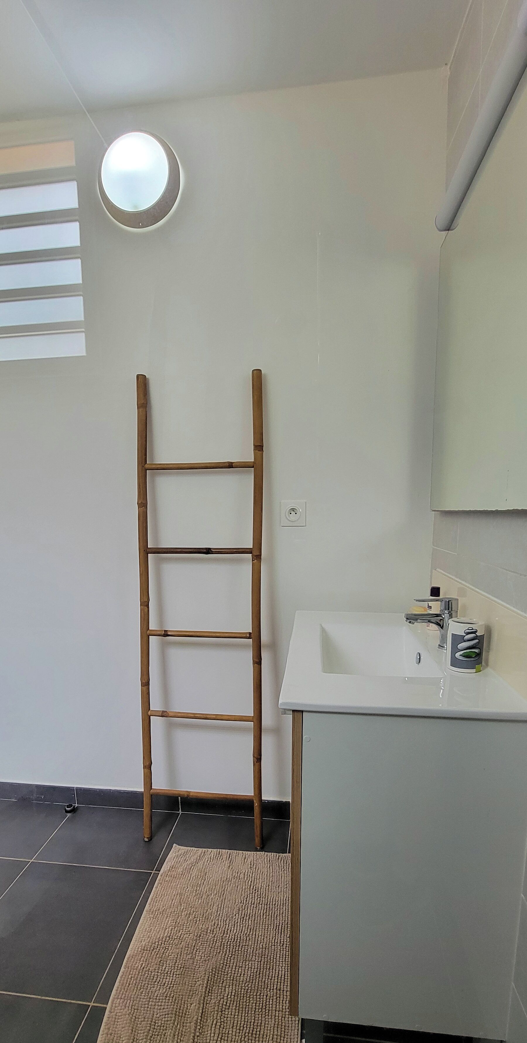 A bathroom with a white sink, a mirror, and a bamboo ladder.