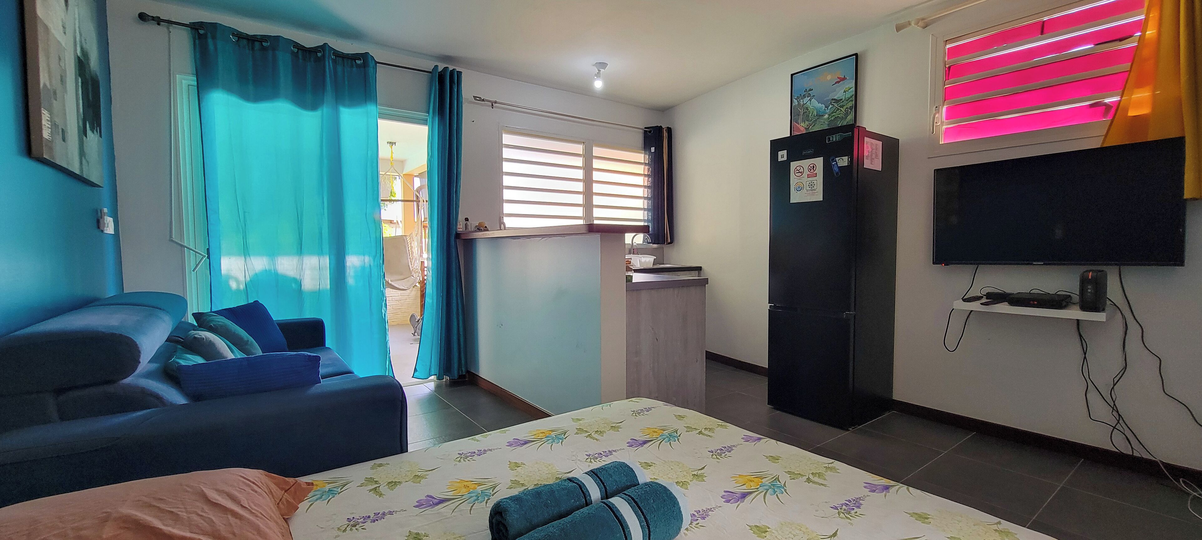 A bedroom with a bed, a sofa, a desk, a television, and a wardrobe.