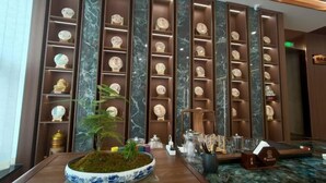 Un área de recepción con un mostrador de mármol, una planta en maceta y estantes con diversos objetos decorativos.