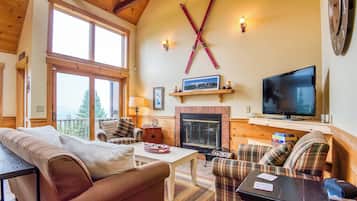 Smart TV, fireplace, books