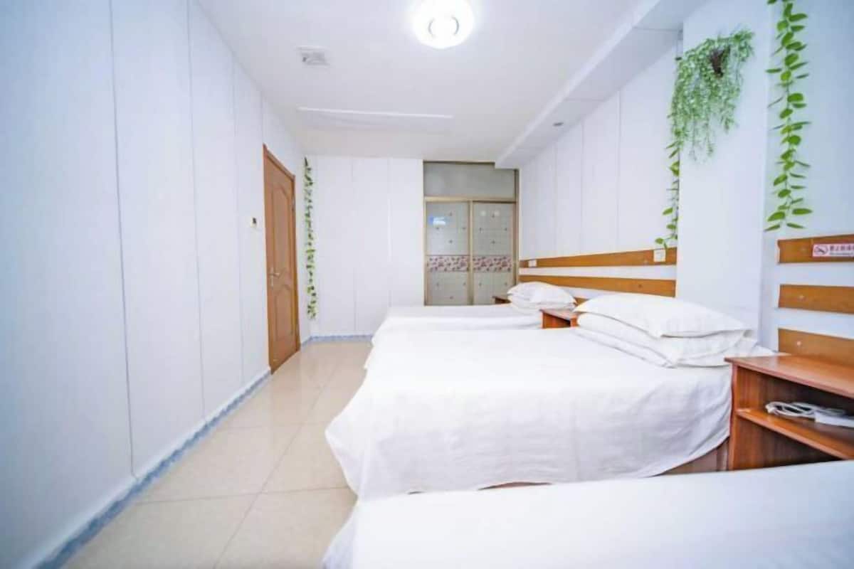 A hotel room with three single beds, a wooden headboard, a small desk, and a plant on the wall.