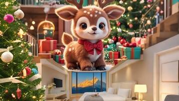 A plush toy deer with antlers on a table in a room with Christmas decorations, a bed, and a window with a view.