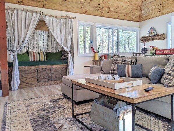 Smart TV, lareira, livros