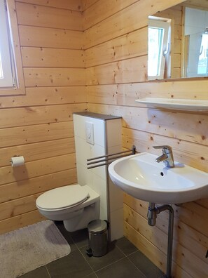 Et lille badeværelse med toilet, vask og spejl.