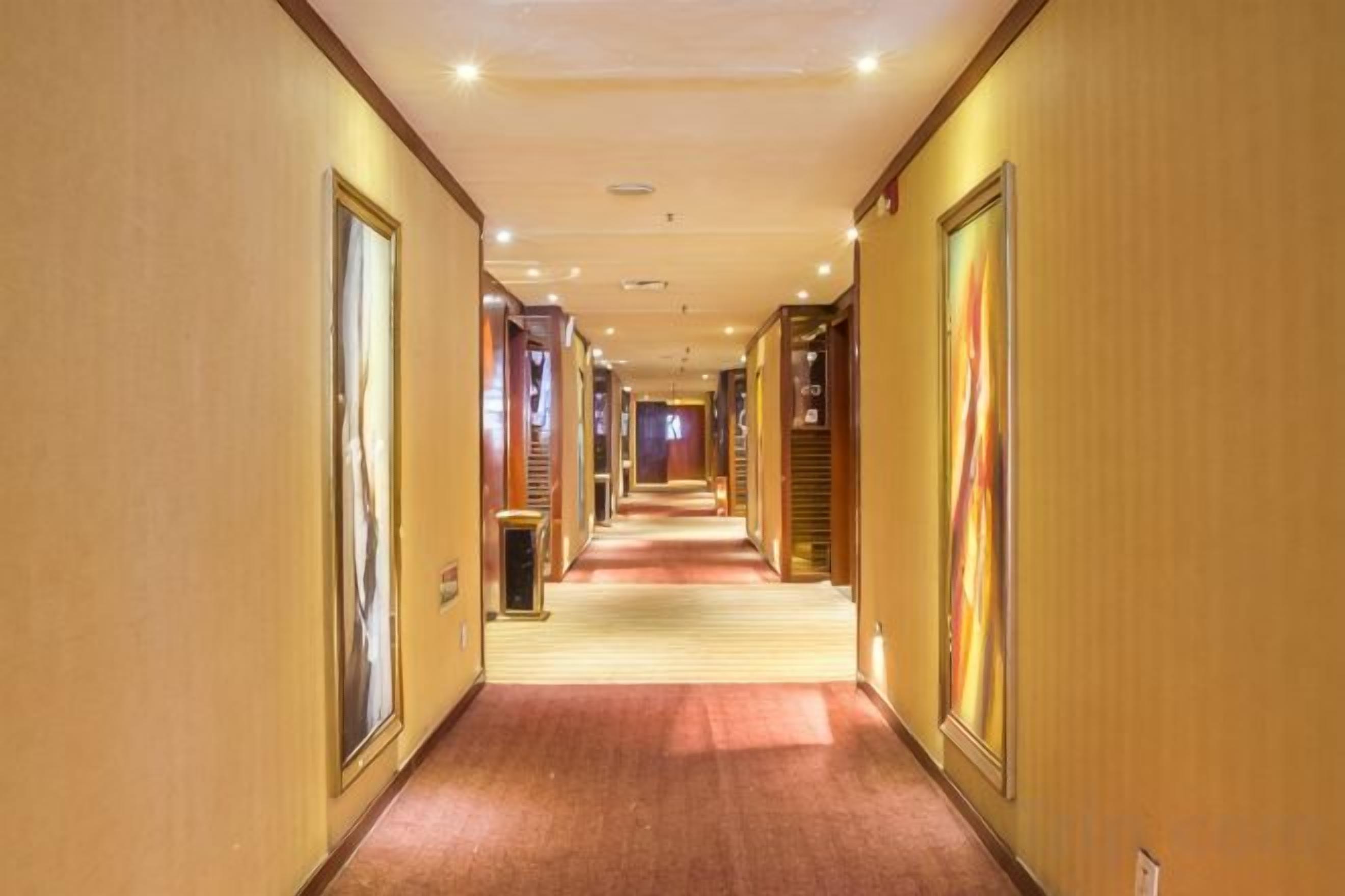 A hotel corridor with a carpeted floor, doors on both sides, and a light source on the ceiling.