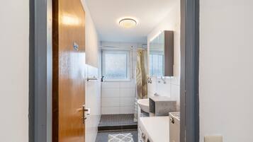 Shower, hair dryer, towels