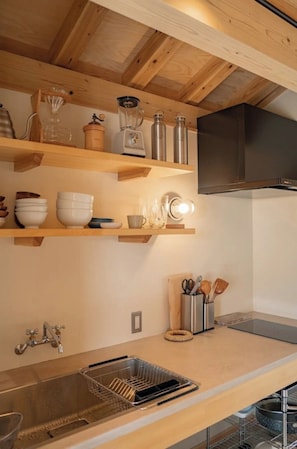 Fridge, microwave, stovetop, cookware/dishes/utensils