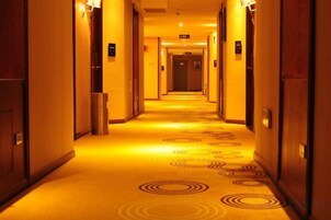 Un pasillo de hotel con puertas a ambos lados, alfombra estampada e iluminación en el techo.