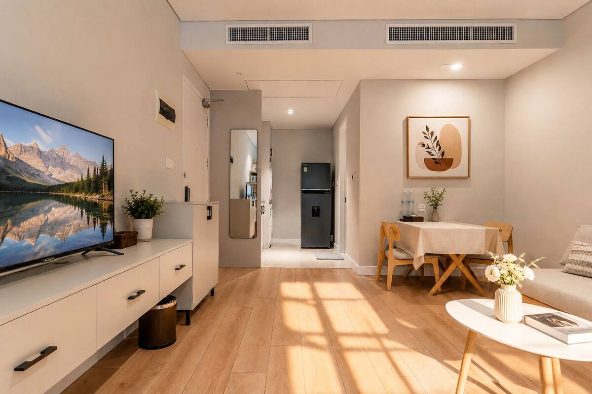 A modern living room with a flat-screen TV, wooden flooring, a dining area with a table and chairs, and a kitchen with a refrigerator.