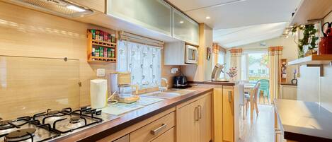 Fridge, microwave, oven, cookware/dishes/utensils