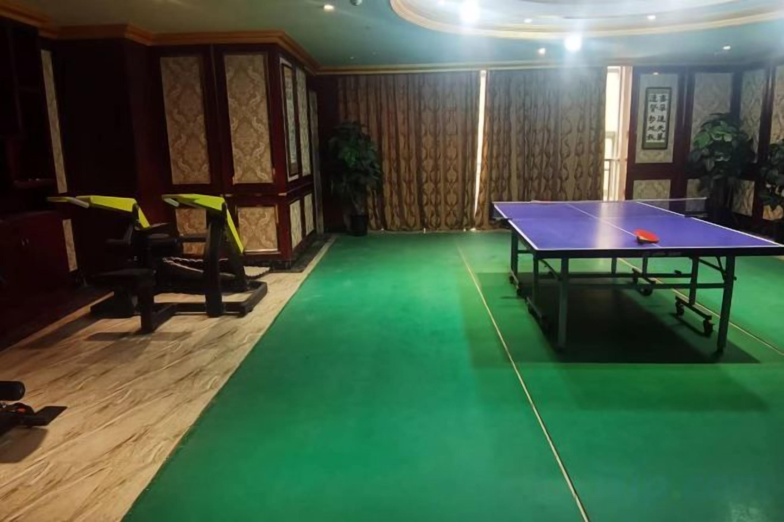 A room with a green carpet, a ping pong table, exercise equipment, and a door with curtains.
