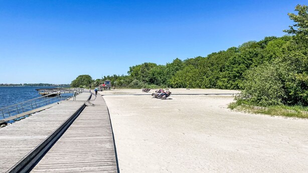 En træpromenade fører til en sandstrand, med en klar blå himmel og træer i baggrunden.