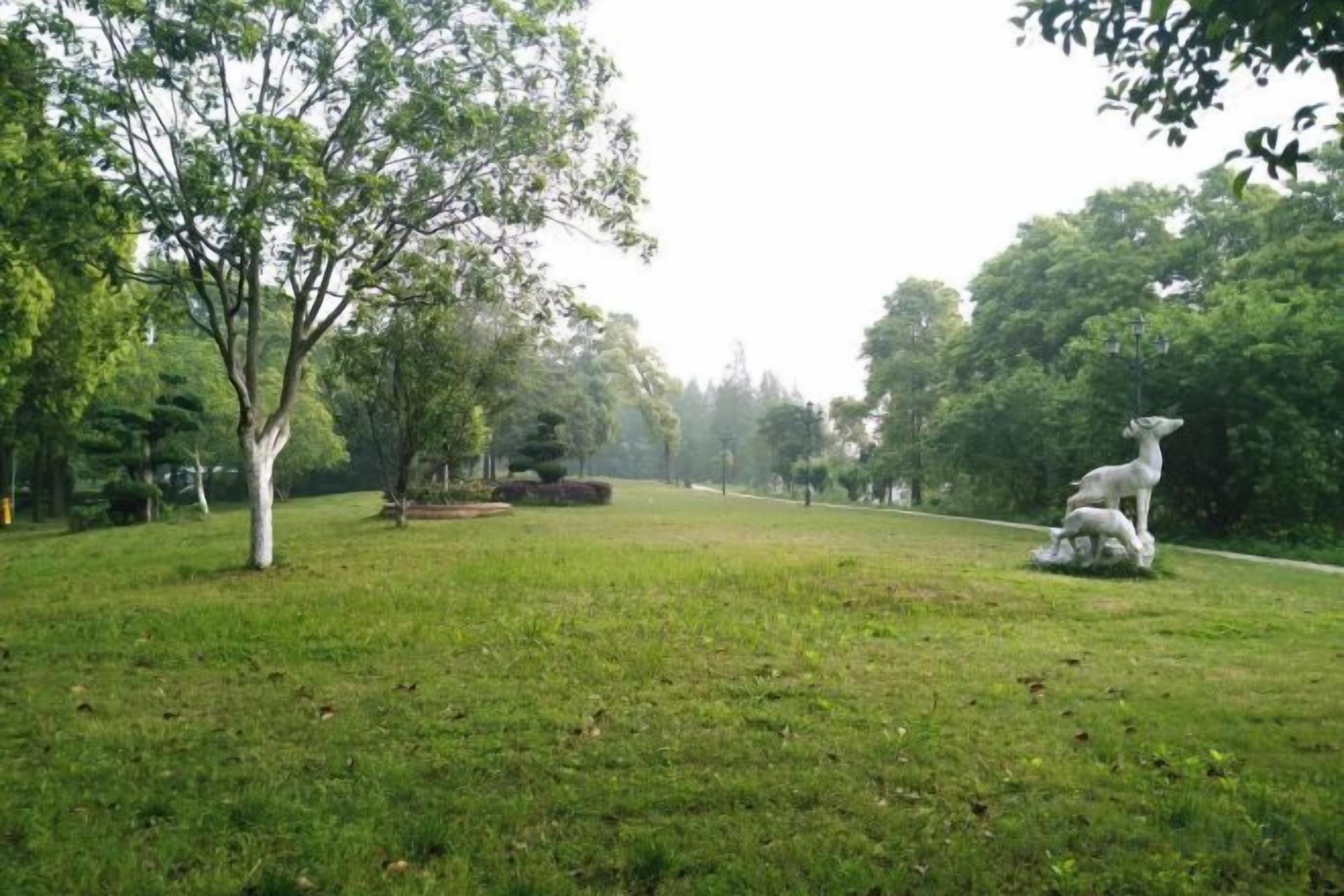 A park with a grassy area, a tree, and a sculpture.