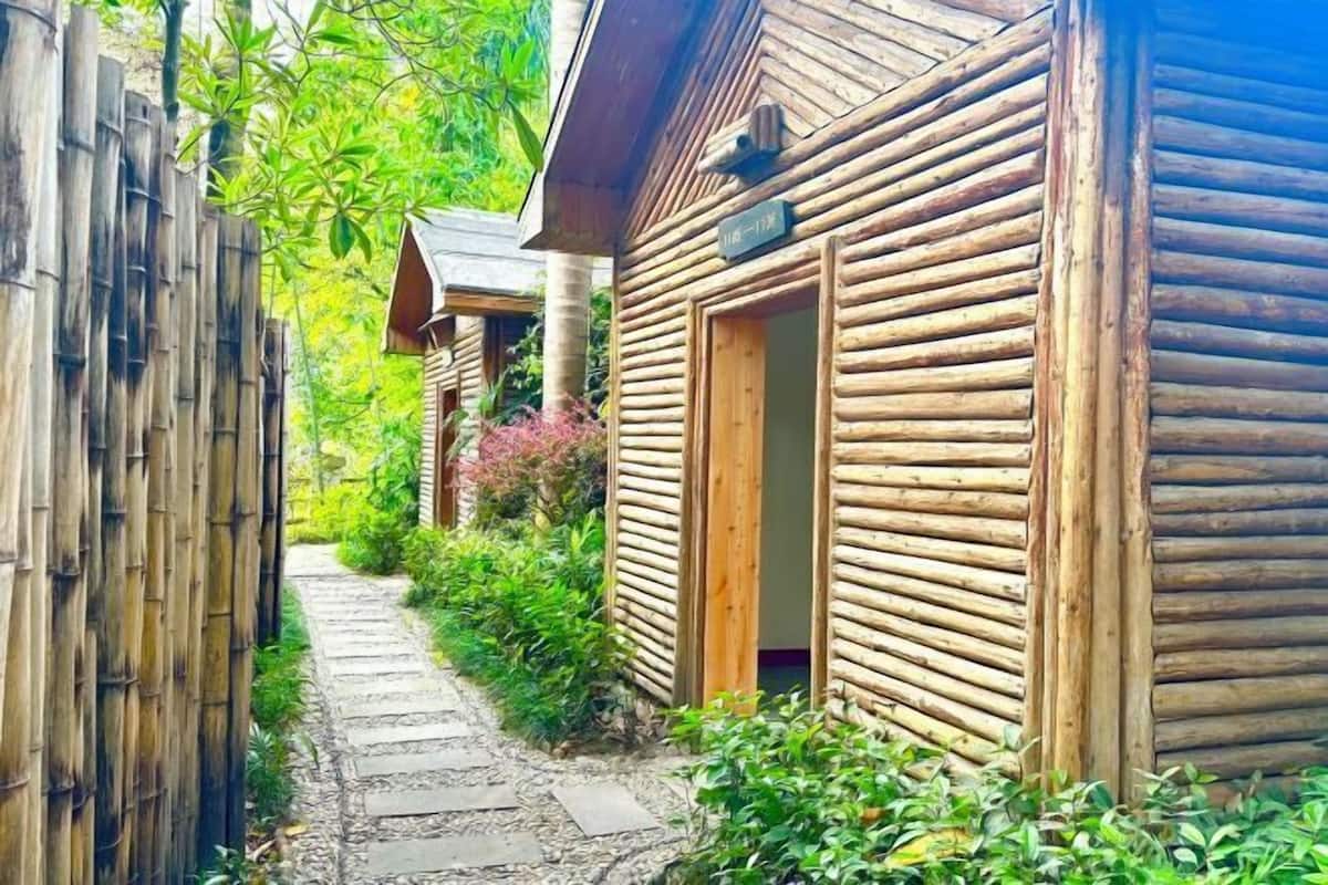 A narrow stone pathway leading to a wooden cabin with a visible door and a small window.