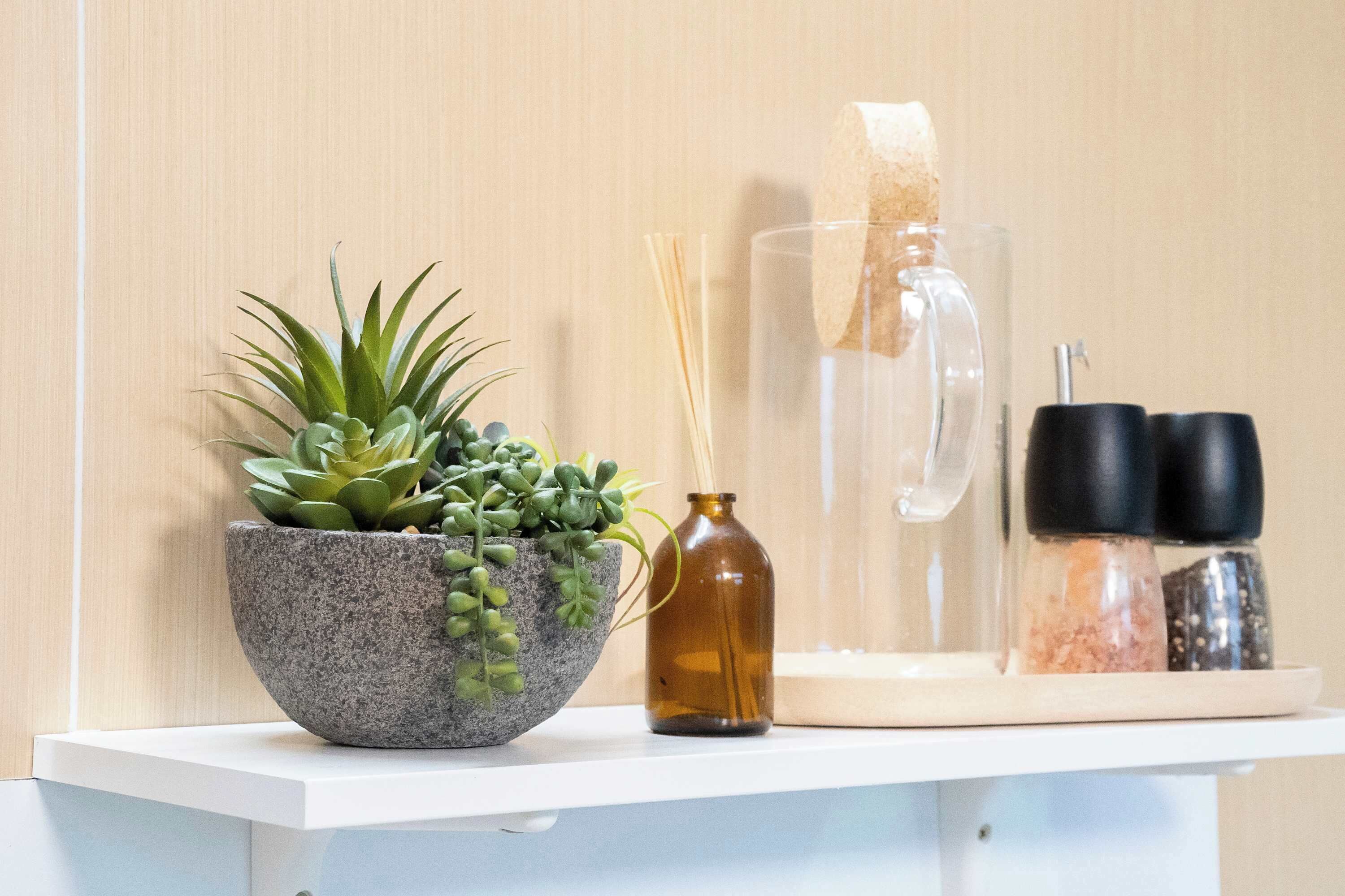 En hylde med en stentøgs skål med en sukkulent, en glasflaske med en rør-diffuser og to saltkar.