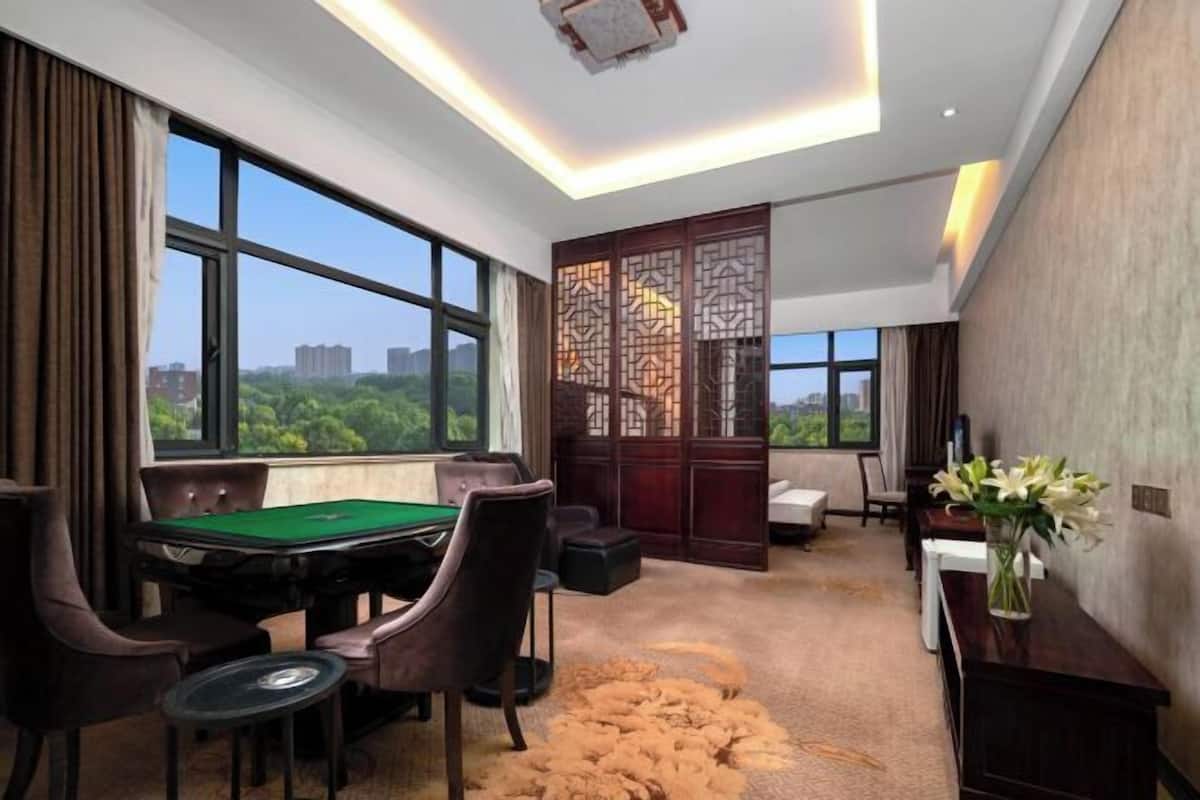 A room with a pool table, comfortable seating, a decorative partition, and a view of greenery and buildings.