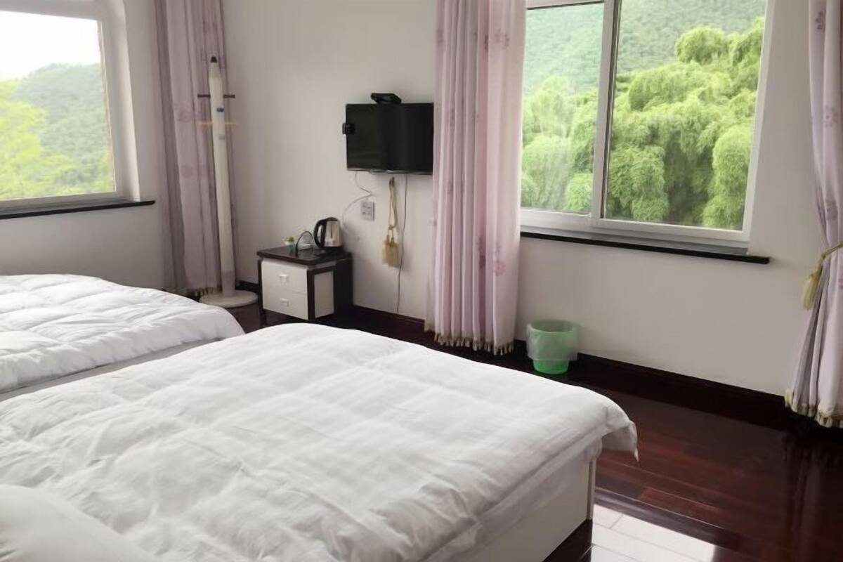 A bedroom with two beds, a TV mounted on the wall, a small table with a kettle, and a view of greenery outside.