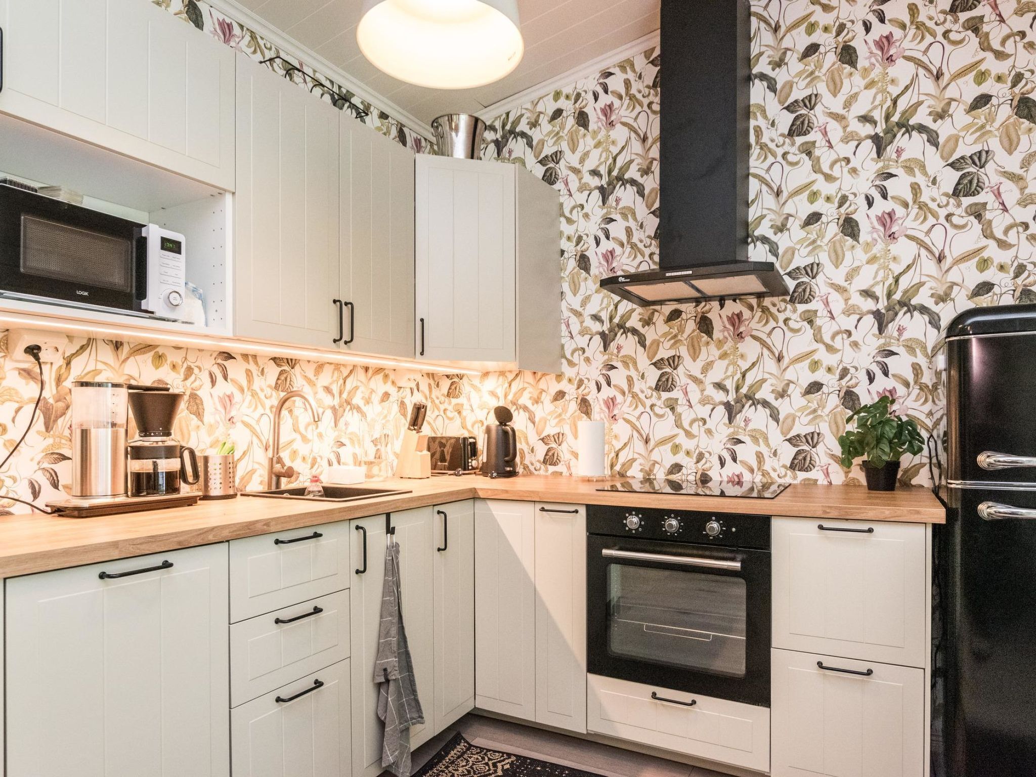 Fridge, microwave, dishwasher, cookware/dishes/utensils