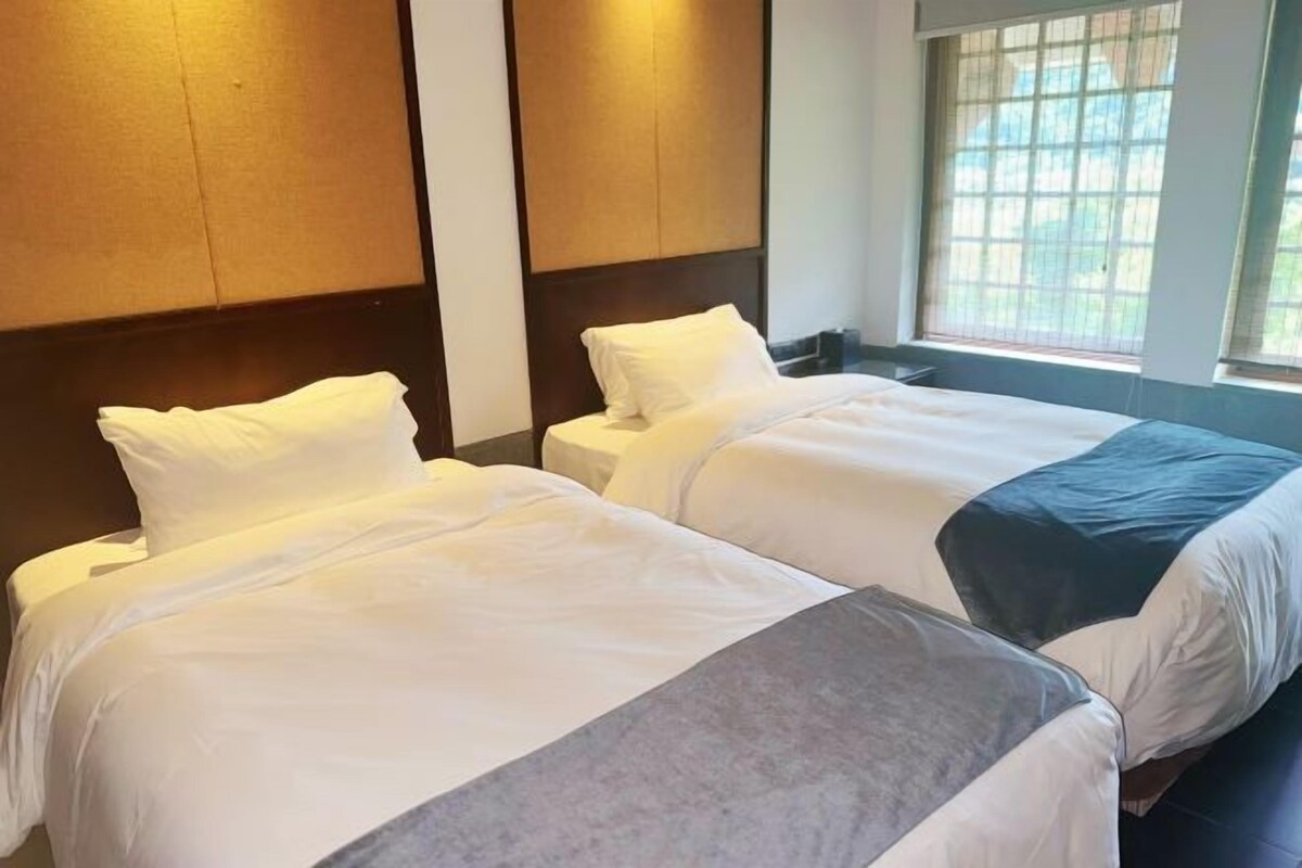 Two beds with white bedding and a grey accent, a window with a view, and a wooden headboard.