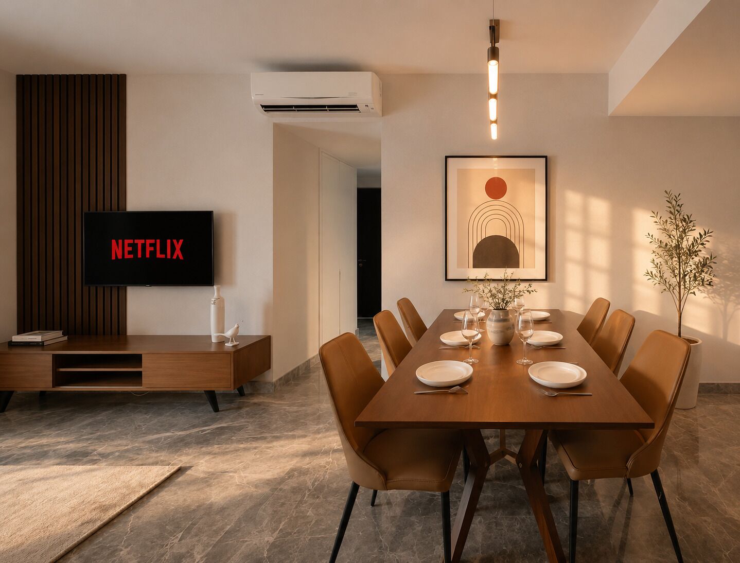 A modern dining area with a wooden table set for six, a mounted television displaying 'NETFLIX', and a framed abstract artwork above the table.