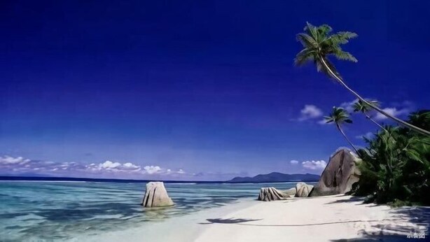 Una playa con agua cristalina, palmeras y rocas grandes.