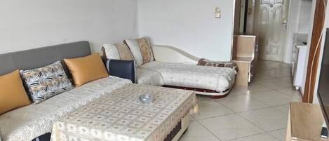 A room with a sofa, a bed, a TV, and a small table.